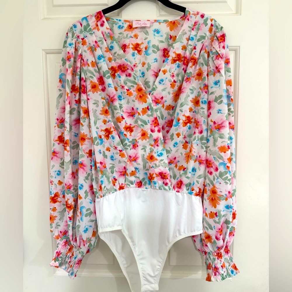 Pink Lily floral long sleeve body suit